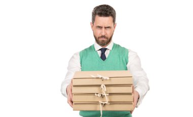 ciddi yetişkin işadamı dosya yığınını belgelerle, kopyalama alanı, yönetim.