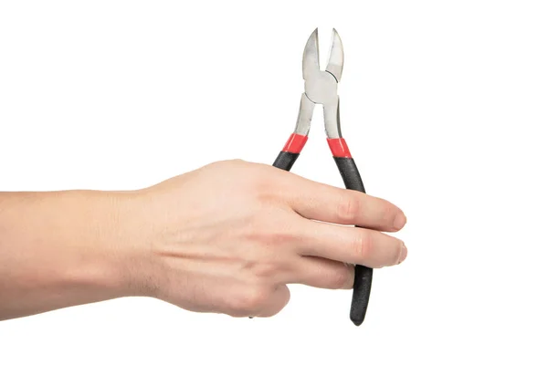 Hand med reparation verktyg isolerad på vitt. Handhållna tänger. verktyg för att bygga och reparera. — Stockfoto