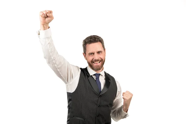 Boldog szakállas elegáns férfi elszigetelt fehér háttér, siker — Stock Fotó
