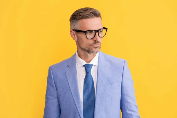 Dospělý podnikatel v elegantní bundě a brýlích na žlutém pozadí, obchodní vidění — Stock fotografie