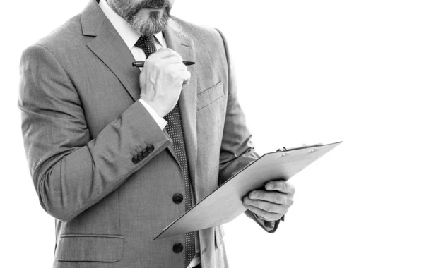 Cropped businessman signing contract on folder documents isolated on white, check contract. — Stockfoto