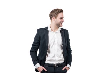 O profesyonel bir adam. Mutlu adam resmi kıyafetler içinde gülümsüyor. Resmi takım elbiseli bir erkek.