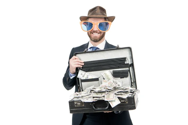 Get a million dollars. Rich man. Businessman hold suitcase with cash money. Win cash prize — Zdjęcie stockowe