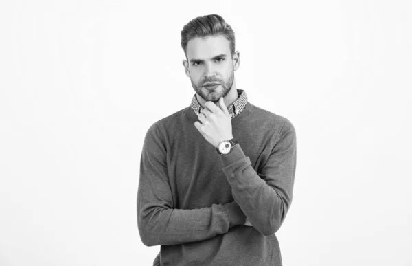 Homem bonito com cabelo elegante desgaste relógio de pulso isolado em branco, moda masculina — Fotografia de Stock
