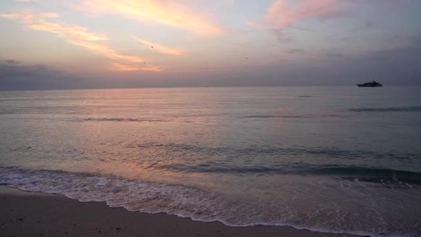 Beautiful twilight over sea with birds flying in sky with ship, ocean — Wideo stockowe