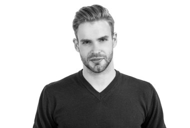 Düzenli olarak berberini ziyaret et. Tıraşsız, şık saçlı, beyaz tenli bir adam. Kuaför salonu.