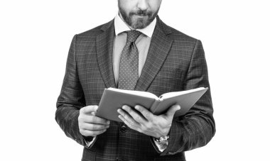 Başarılı CEO okuma programı. İşini planlayan kırpılmış bir adam. Patron iş raporunu incele