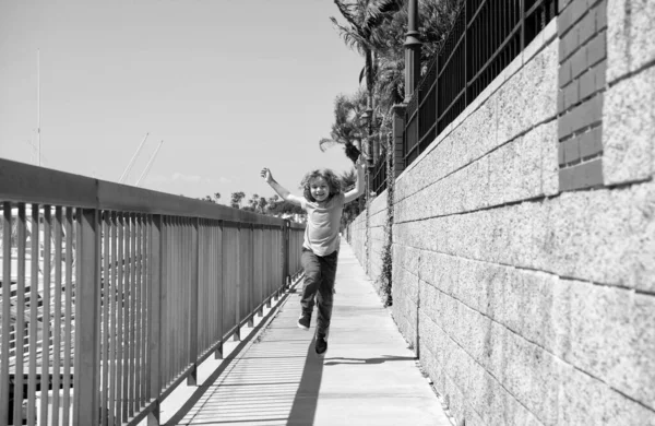Menino feliz gosta de férias de verão correndo no passeio, felicidade — Fotografia de Stock