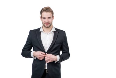 In formal circumstances. Serious man button formal suit. Manager in formalwear