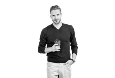 Coffee to-go. Handsome man hold disposable coffee cup. Breakfast tea. Morning beverage. Caffeine addiction