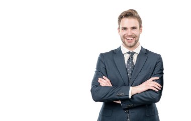 Im young professional. Confident professional employee. Happy man keep arms crossed