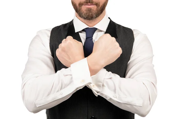 Crossed arms with fists of businessman isolated on white background, gesture. — Stock Photo, Image