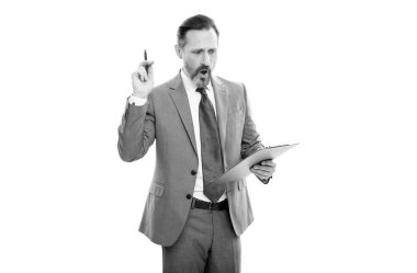 amazed mature boss in suit signing contract on folder documents isolated on white, director.