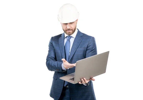 Laptop being durable and flexible enough. Construction manager use laptop. Modern technology — Fotografia de Stock