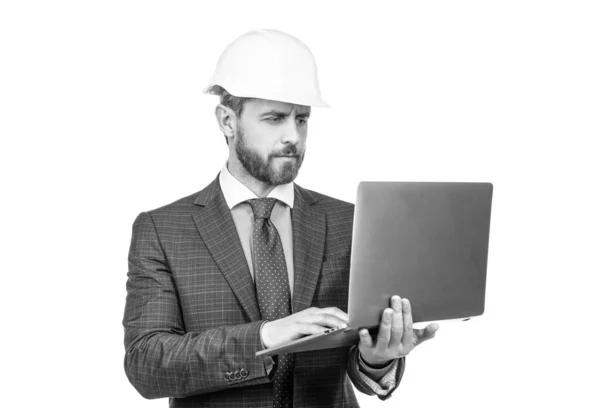 Architect planning work. chief engineer in hardhat use computer. mature ceo checking email. — Stock Photo, Image