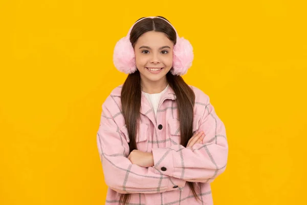 Happy confident kid in warm winter wear and accesories smile keeping arms crossed, confidence — Fotografia de Stock