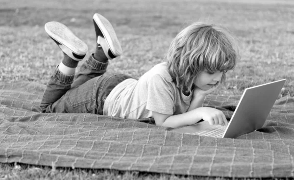 Niño pequeño uso moderno portátil inalámbrico en la hierba del parque, estudio en línea — Foto de Stock