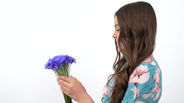 Smiling kid profile look taking centaurea wildflower flower from bouquet, flora — 비디오