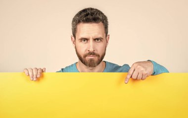 for your marketing design. bearded man with paper banner. guy make announcement.