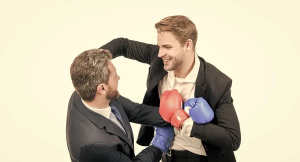 Employee and employer professional men fight with boxing gloves isolated on white, conflict — Stock Photo, Image