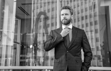 bearded mature business man in formalwear outdoor, employee