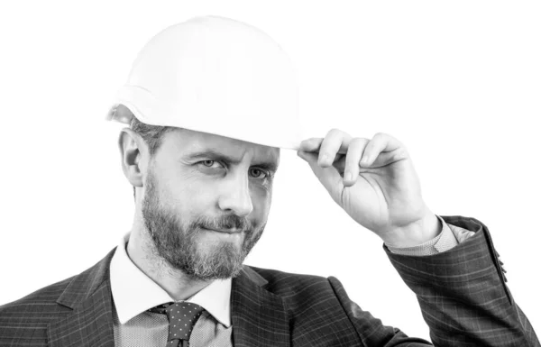 Successful man with greeting gesture. entrepreneur in protective helmet. chief architect engineer — Stock Photo, Image