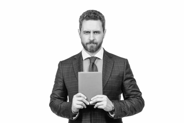 Agenda. businessman hold notebook. successful ceo with notepad. handsome man planning his work — Stock Photo, Image