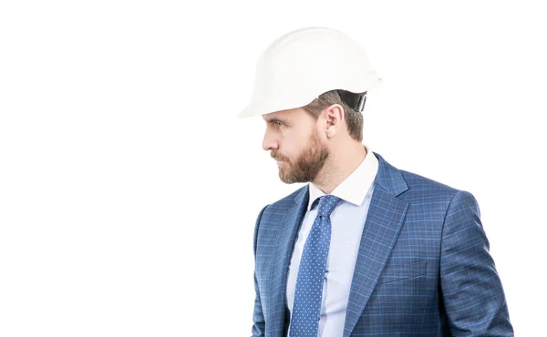 Serious and reliable engineer. Civil engineer isolated on white. Businessman in hardhat and suit — Stock Photo, Image