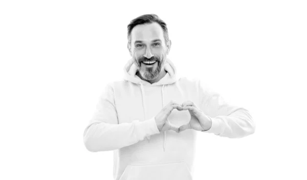 Love symbol. mature happy man with beard. smiling senior guy with moustache isolated on white. — Stock Photo, Image