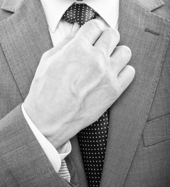 Hand tie necktie of man in suit closeup, formal fashion — Stock Photo, Image