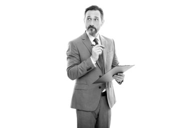 İnşaat belgeleriyle CEO. Dosyası olan olgun bir patron. Bir sözleşme imzalamak.