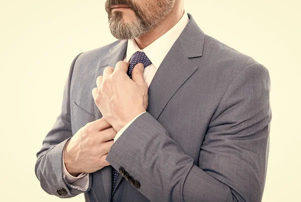 All should be perfect. cropped boss straighten tie. mature businessman in formalwear. — Stock Photo, Image