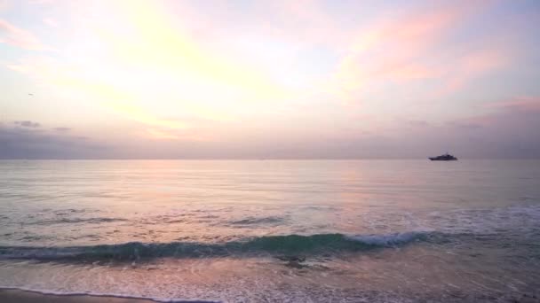 Piękny pejzaż morski z ptakami latającymi po zachodzie słońca i statkiem na horyzoncie i płaszczyźnie, zachmurzenie — Wideo stockowe