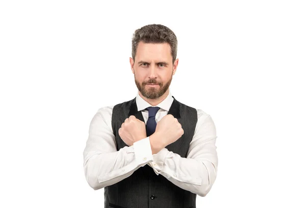 Mature elegant man with beard crossed arms. hair and beard care. — Stock Photo, Image