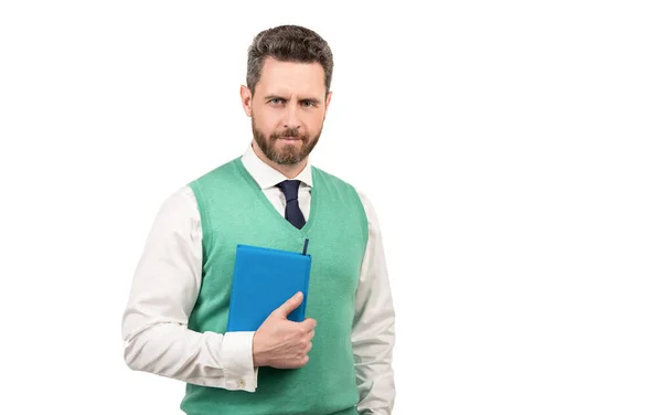 Бородатий бізнесмен з книгою ізольовано на білому тлі, вчитель — стокове фото