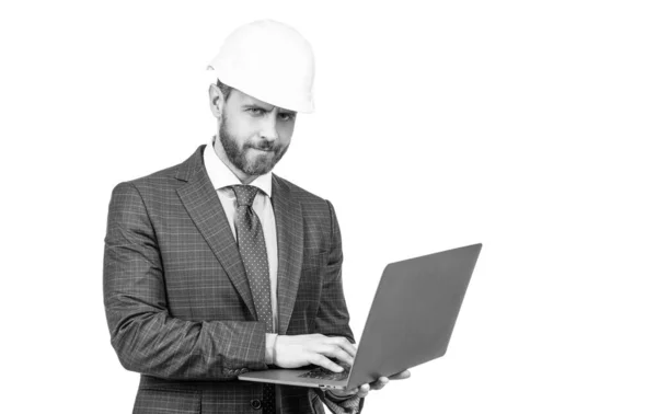 Chief engineer in hardhat use computer. mature ceo checking email. serious man boss. — Stock Photo, Image