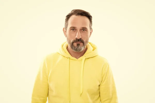 Handsome mature man with beard and moustache in hoody isolated on white, casual — Stock Photo, Image