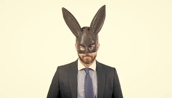 Rabbit man wear sexy bdsm fetish mask in formalwear isolated on white, playboy