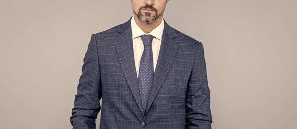 Cropped ambitious man businessman in businesslike suit has grizzled beard, formal fashion — Stock Photo, Image