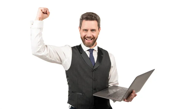 Hombre de negocios feliz trabajando en PC aislado sobre fondo blanco, empresario —  Fotos de Stock
