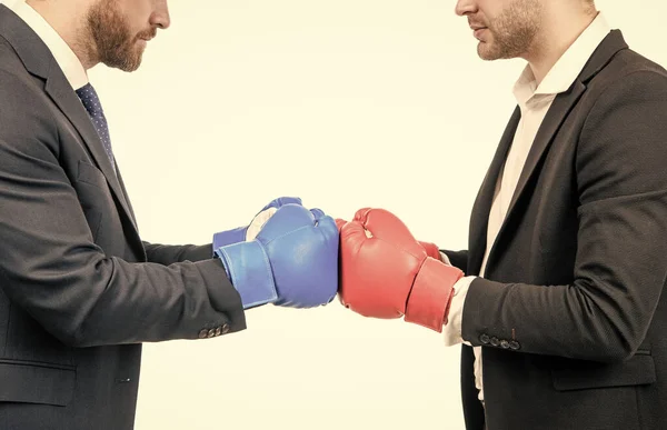 Contact. Fighting men cropped view. Businessmen fight with boxing gloves. Fighting conflict — Stock Photo, Image