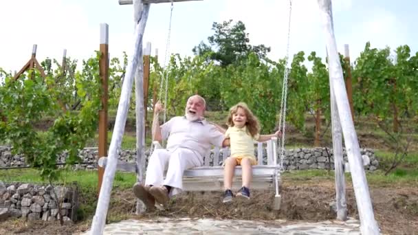 Happy family of grandchild and grandfather enjoy swinging together in backyard, swing — Stock Video