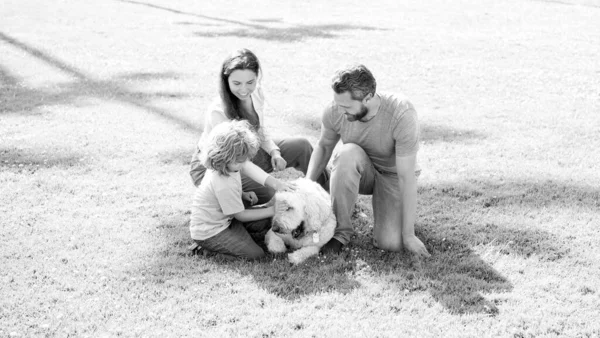 Padre madre e hijo en la hierba verde del parque. familia amigable con mascota. — Foto de Stock