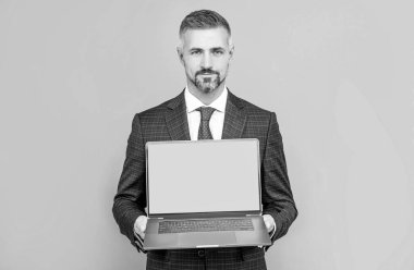 Webinar PC reklamı. İş adamı ürünü sunuyor. Başarı. Bilgisayarda sunum.