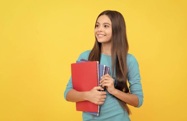Lisede. Okula dönüyorum. Genç kız ders çalışmaya hazır. çocukluk mutluluğu.