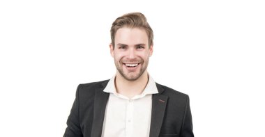 Kendini üstün sonuçlara adamış. Mutlu adam yüzü beyazda soyutlanmış. Profesyonel bir adamın portresi