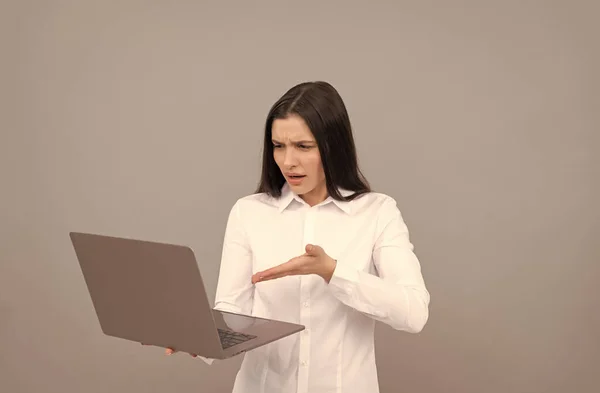 Programador indignado usar pc. mulher de negócios com laptop. administrador de rede segurar computador. — Fotografia de Stock