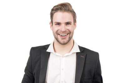 En iyi hukuk profesörü. Mutlu avukat beyazla izole edilmiş. İş avukatı. İnsan portresi