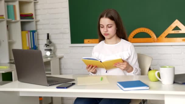 Dívka dítě dostal stres po přečtení zadání notebook na školní lavici, domácí úkol — Stock video