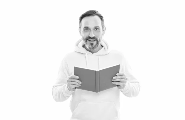 Jóképű érett férfi tart könyv vagy notebook oktatás és olvasás elszigetelt fehér, irodalom. — Stock Fotó